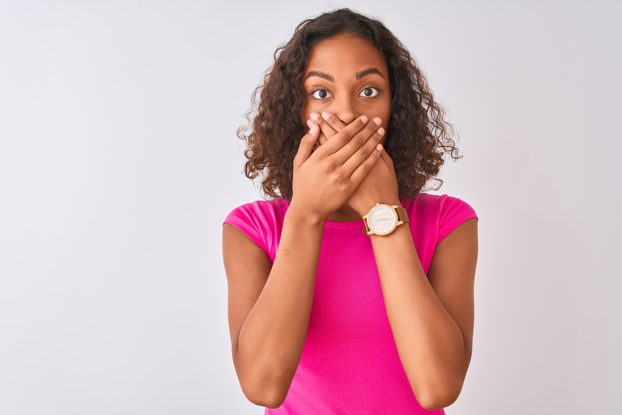 anxiety visiting dentist, woman covering her mouth